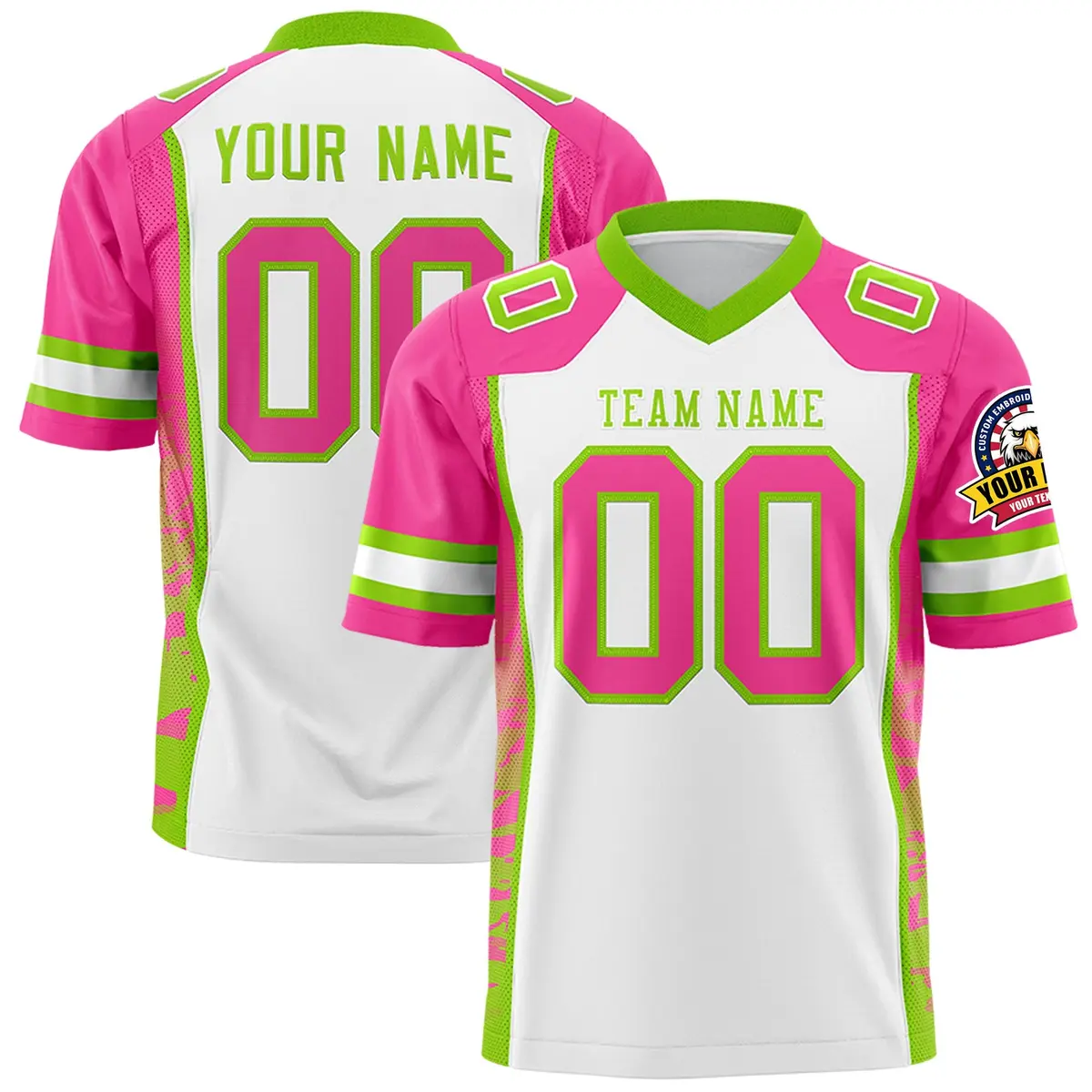 White Pink-Neon Green Raglan Side Pattern Football Jersey