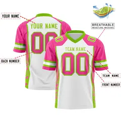 White Pink-Neon Green Raglan Side Pattern Football Jersey 2