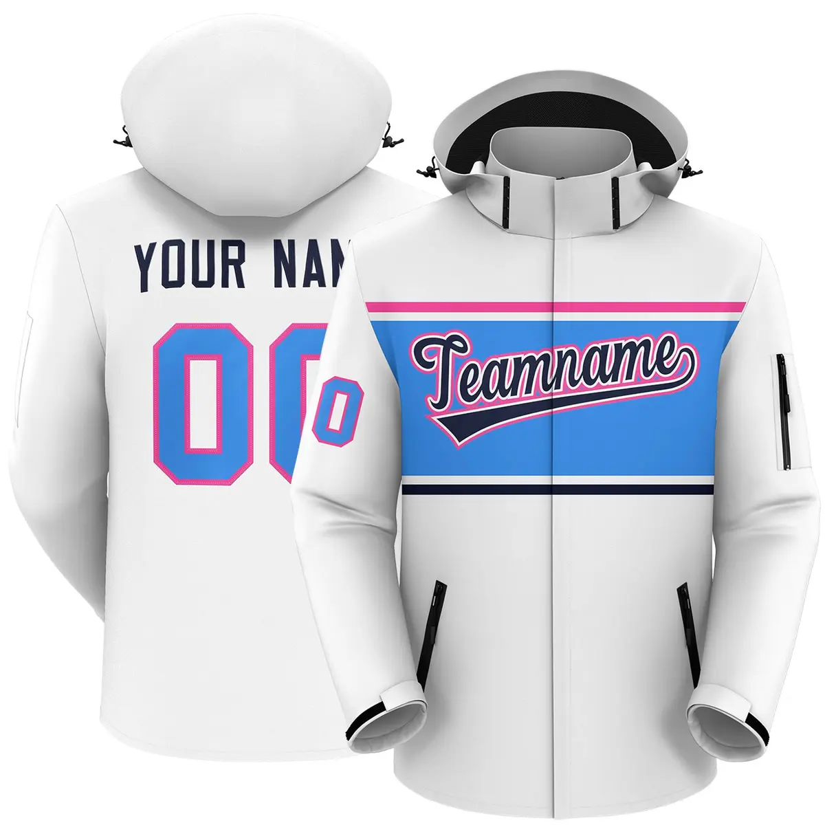 White Pink-Powder Blue Color Block Hooded Waterproof Outdoor Jacket