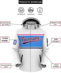 White Pink-Powder Blue Color Block Hooded Waterproof Outdoor Jacket 2
