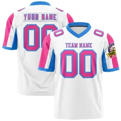 White Pink-Powder Blue Color Block Raglan Football Jersey