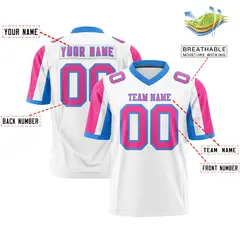 White Pink-Powder Blue Color Block Raglan Football Jersey 2
