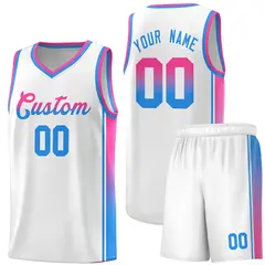 White Pink-Powder Blue Gradient Fashion Basketball Jersey