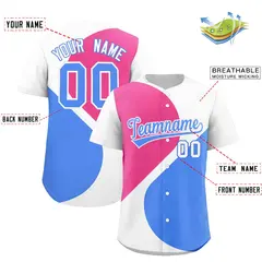 White Pink-Powder Blue Half Heart Color Block Baseball Jersey 2