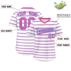 White Pink-Powder Blue Horizontal Stripe Pullover Baseball Jersey 2