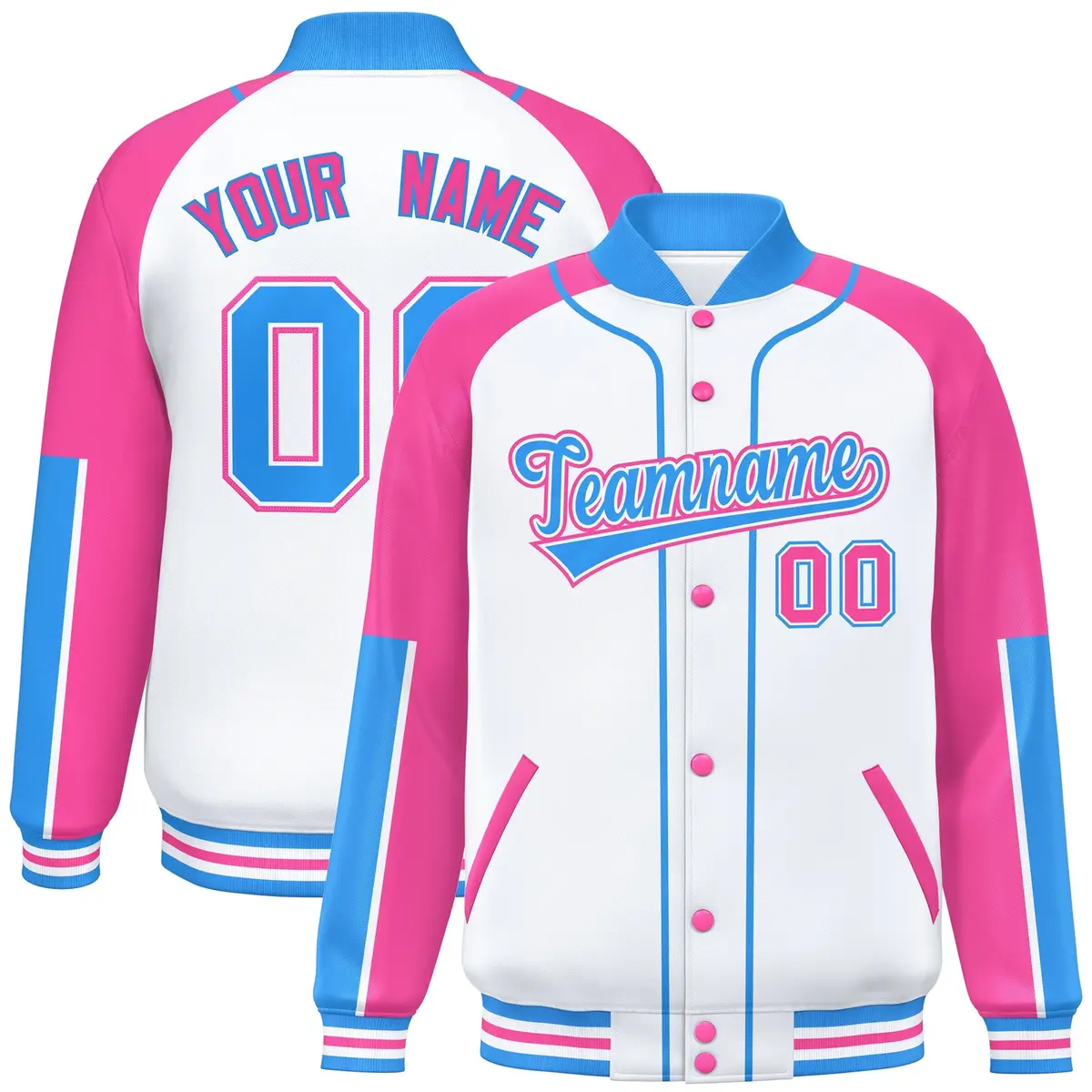 White Pink-Powder Blue Raglan Full-Snap Letterman Baseball Jacket