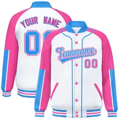 White Pink-Powder Blue Raglan Full-Snap Letterman Baseball Jacket 1