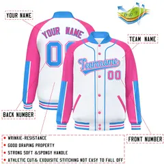 White Pink-Powder Blue Raglan Full-Snap Letterman Baseball Jacket 2