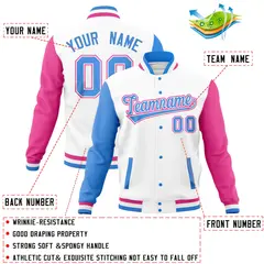 White Pink-Powder Blue Raglan Full-Snap Varsity Letterman Jacket 4