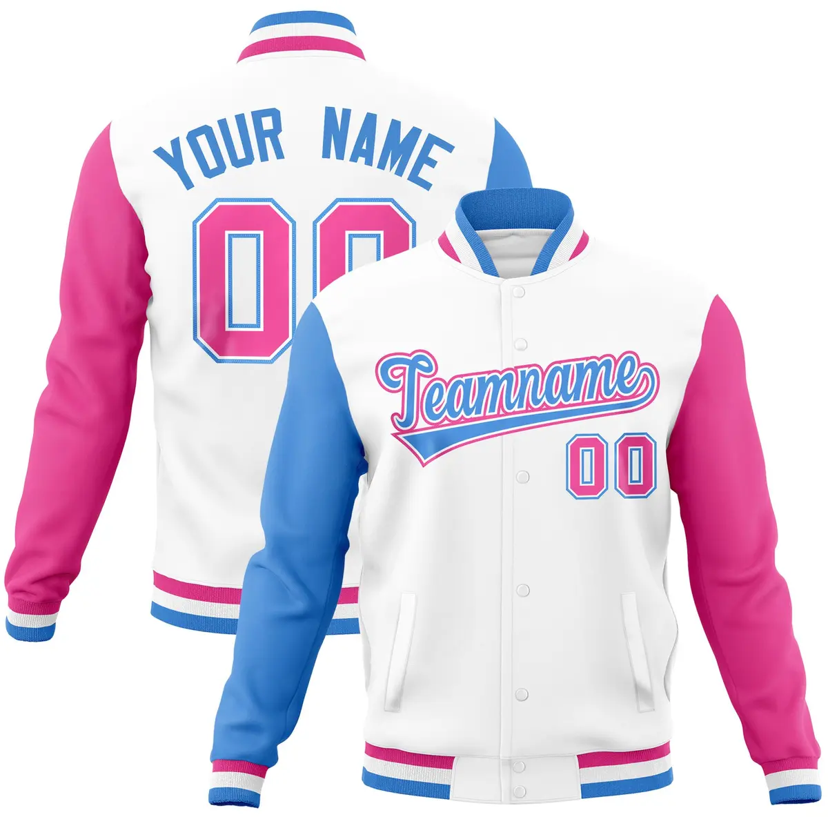 White Pink-Powder Blue Raglan Full-Snap Varsity Letterman Jacket
