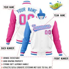 White Pink-Powder Blue Raglan Full-Snap Varsity Letterman Jacket 4