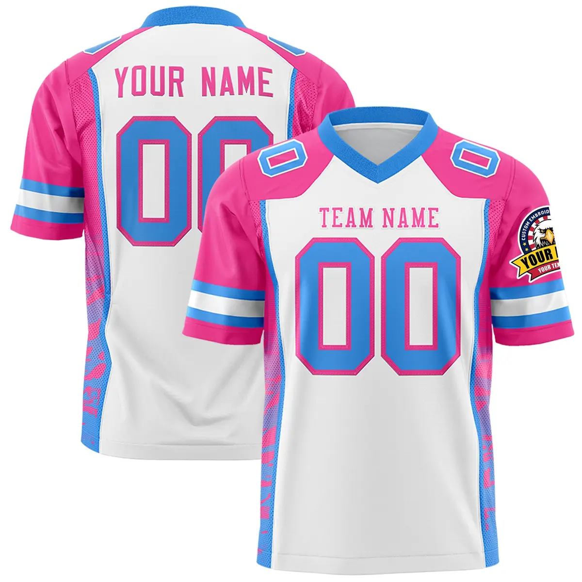 White Pink-Powder Blue Raglan Side Pattern Football Jersey