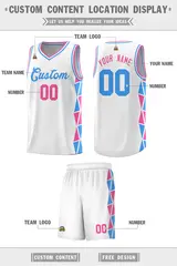 White Pink-Powder Blue Side Triangle Splicing Basketball Jersey 2