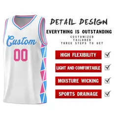 White Pink-Powder Blue Side Triangle Splicing Basketball Jersey 4