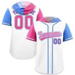White Pink Powder Blue Split Raglan Baseball Hoodie Jersey