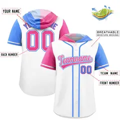 White Pink Powder Blue Split Raglan Baseball Hoodie Jersey 2