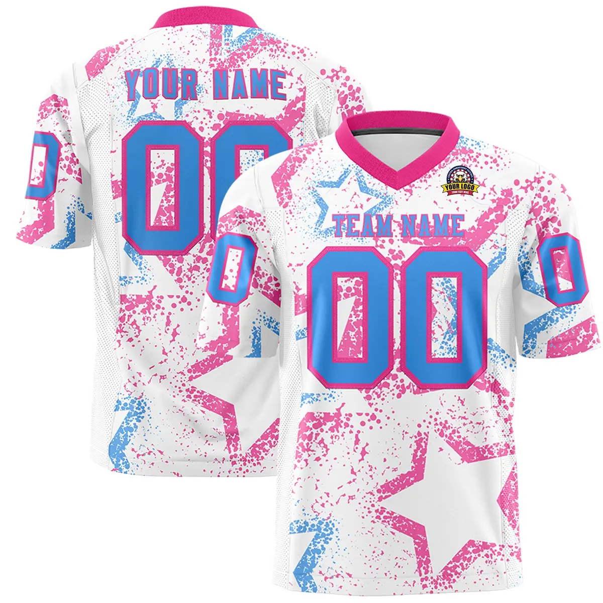 White Pink-Powder Blue Star Graffiti Football Jersey