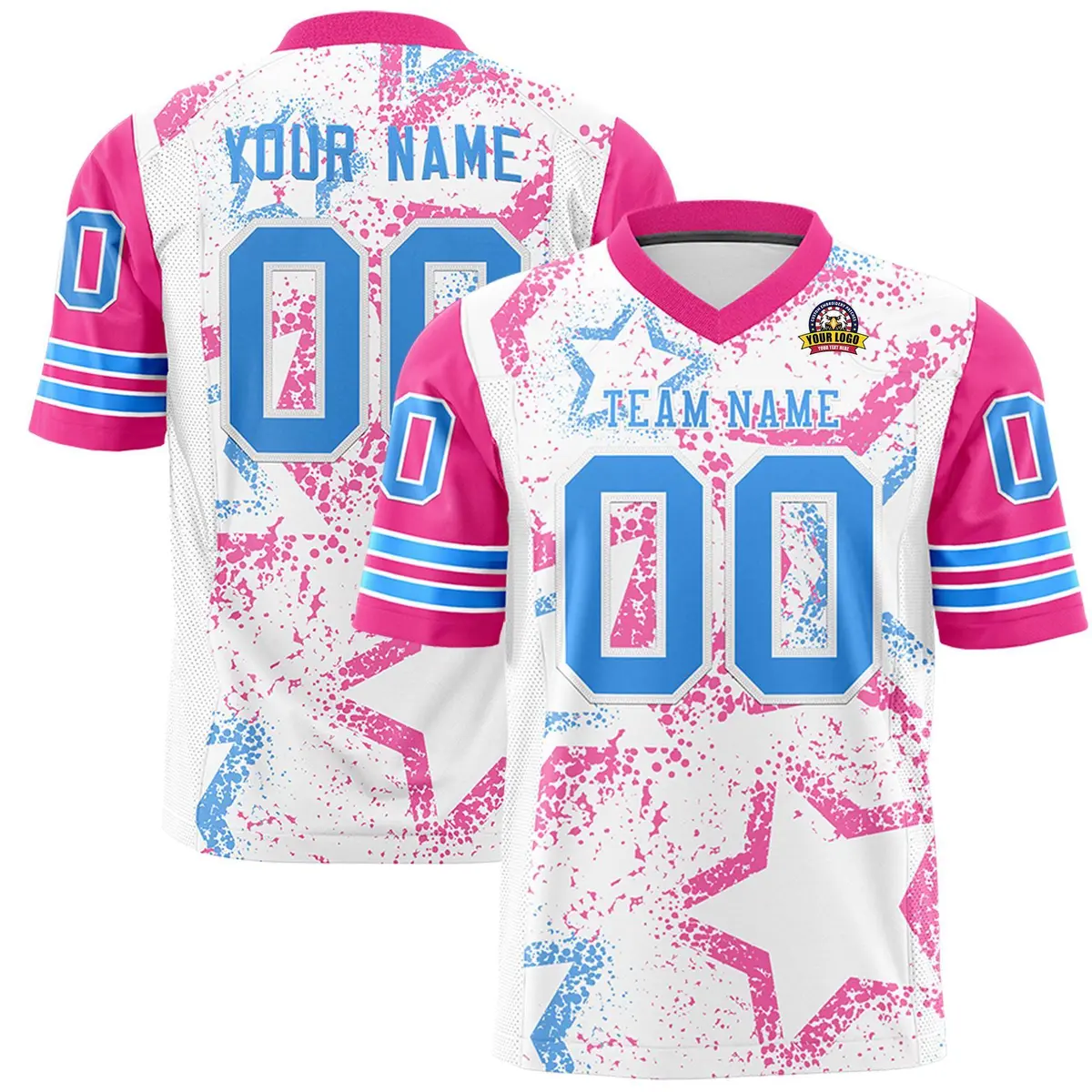 White Pink-Powder Blue Star Pattern Football Jersey