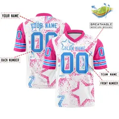 White Pink-Powder Blue Star Pattern Football Jersey 2