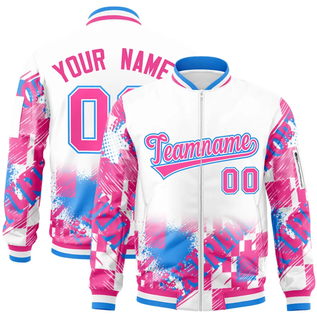 White Pink-Powder Blue Street Graffiti Varsity Letterman Jacket