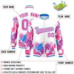 White Pink-Powder Blue Street Graffiti Varsity Letterman Jacket 2