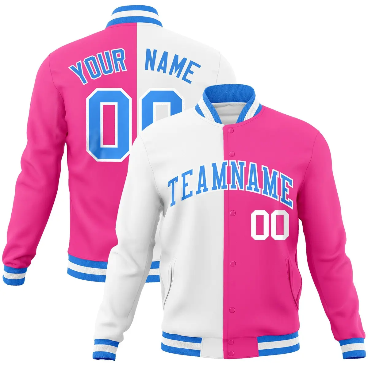 White Pink-Powder Blue Two Tone Split Varsity Letterman Jacket