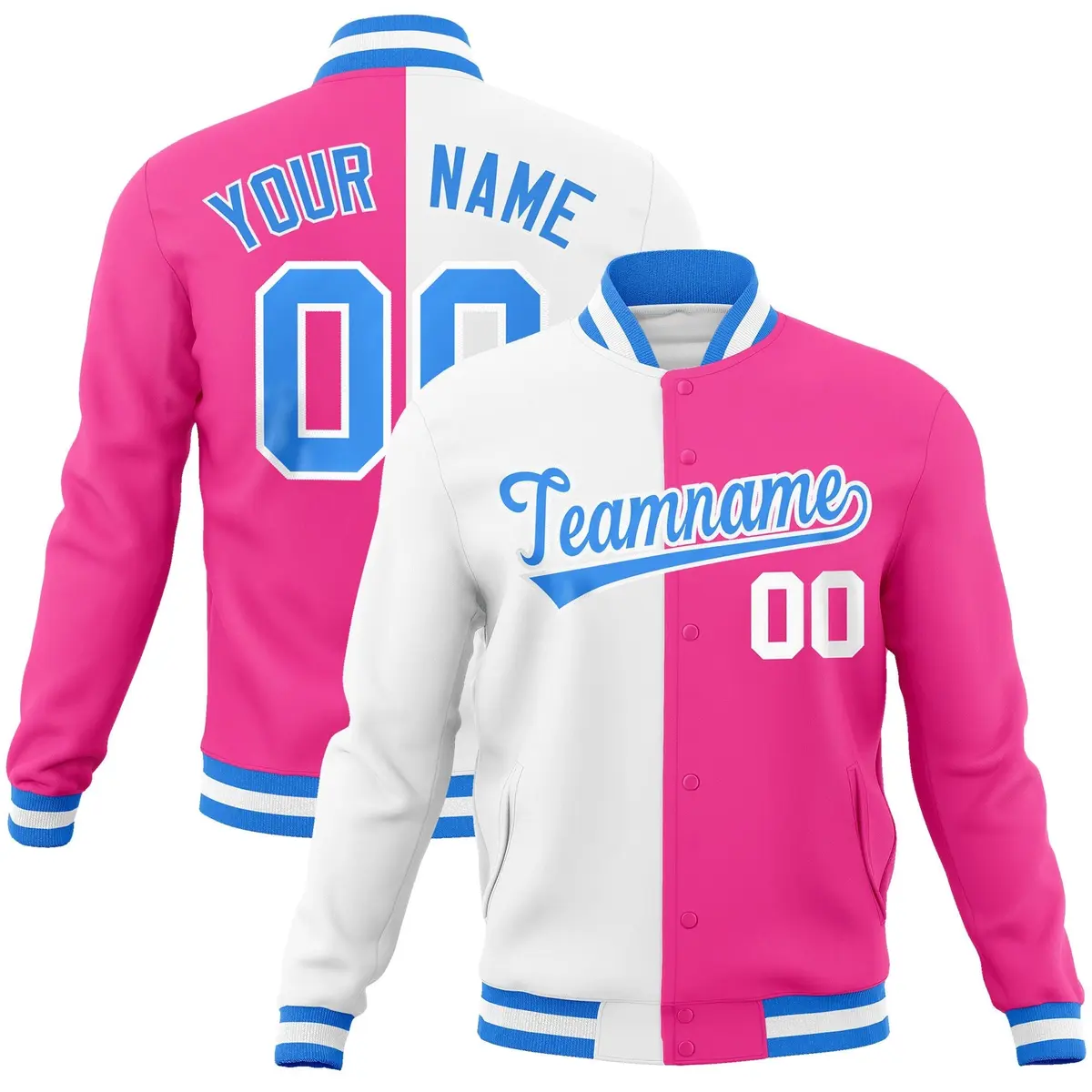 White Pink-Powder Blue Two Tone Split Varsity Letterman Jacket