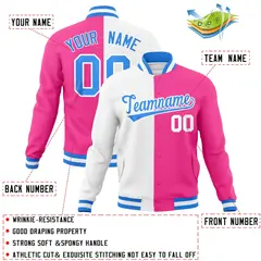 White Pink-Powder Blue Two Tone Split Varsity Letterman Jacket 4
