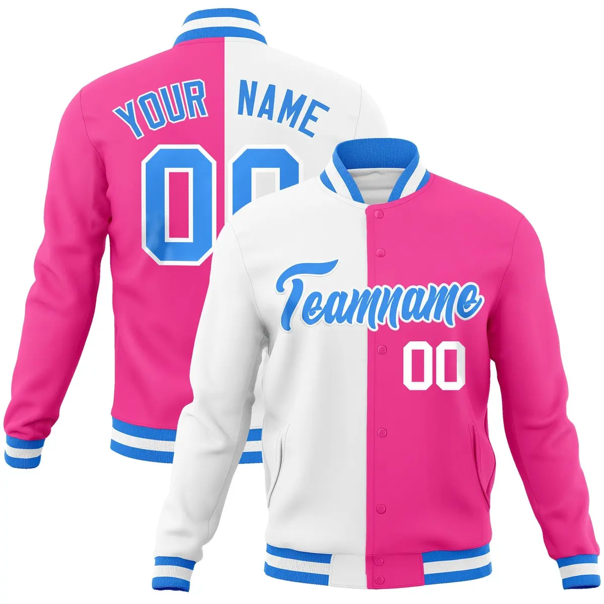 White Pink-Powder Blue Two Tone Split Varsity Letterman Jacket