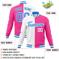 White Pink-Powder Blue Two Tone Split Varsity Letterman Jacket 4