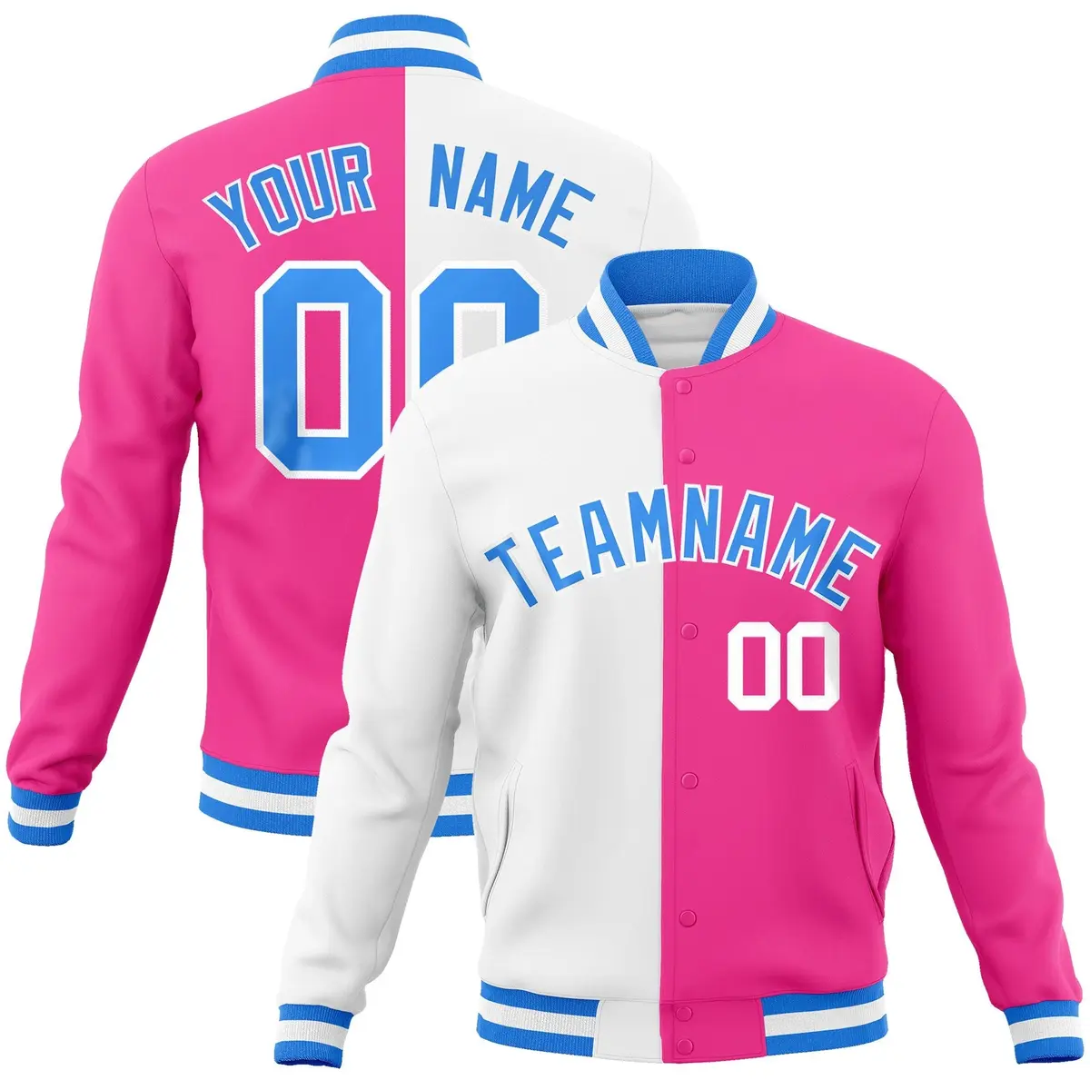 White Pink-Powder Blue Two Tone Split Varsity Letterman Jacket
