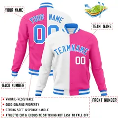 White Pink-Powder Blue Two Tone Split Varsity Letterman Jacket 4