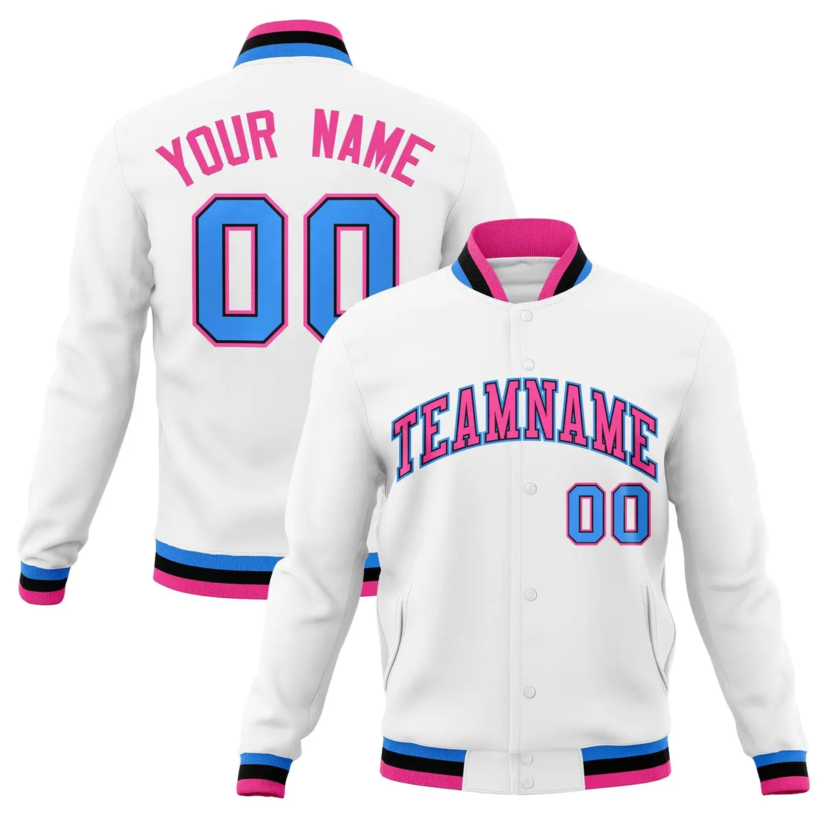 White Pink-Powder Blue Varsity Full-Snap Letterman Jacket