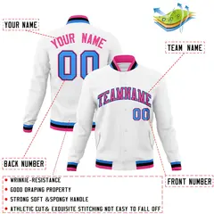 White Pink-Powder Blue Varsity Full-Snap Letterman Jacket 4