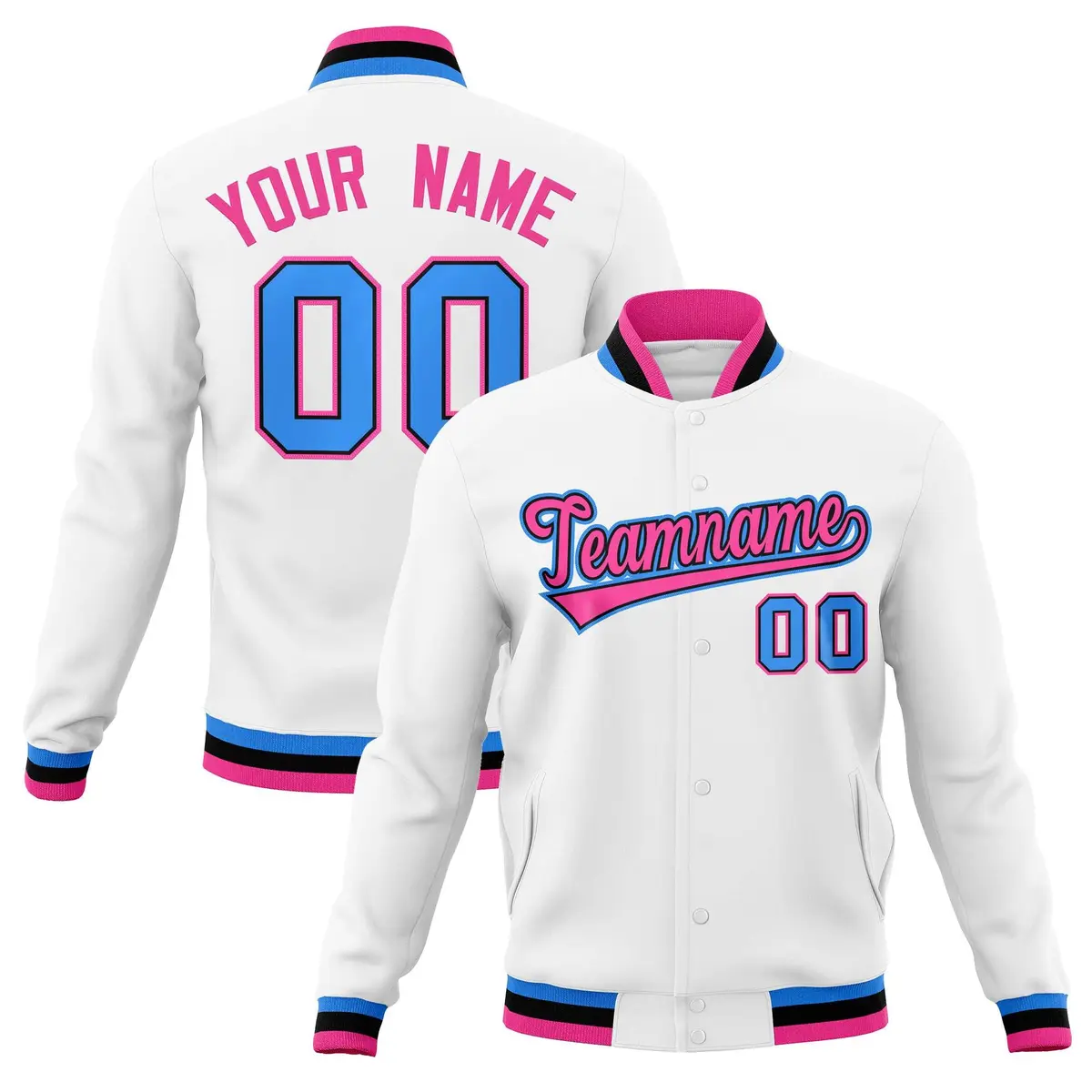 White Pink-Powder Blue Varsity Full-Snap Letterman Jacket