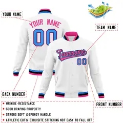 White Pink-Powder Blue Varsity Full-Snap Letterman Jacket 4