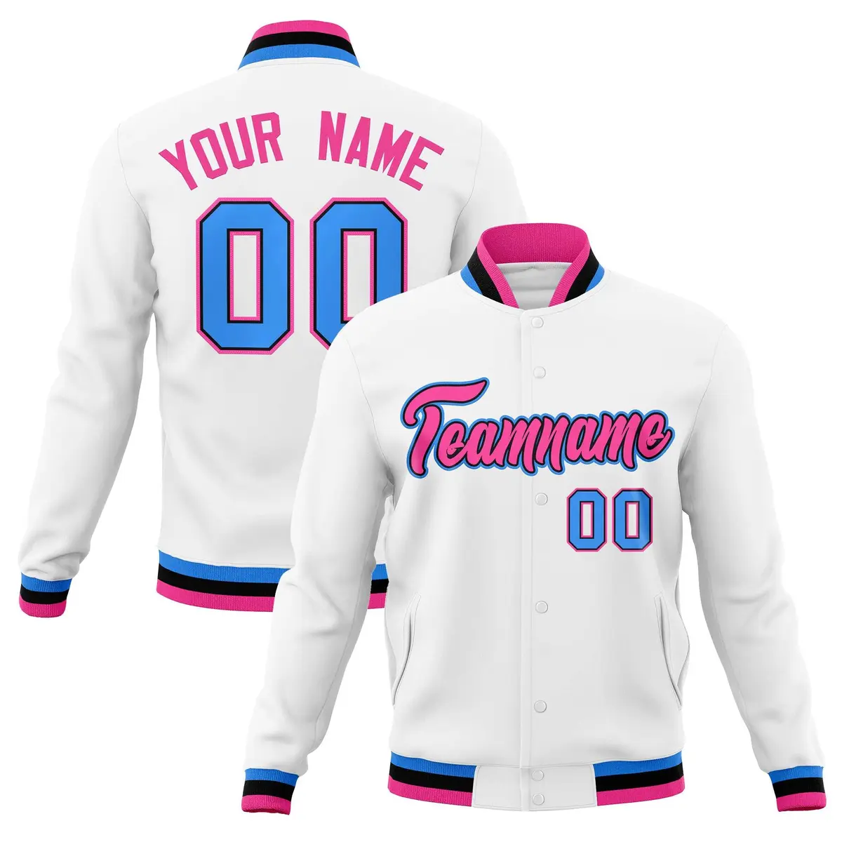 White Pink-Powder Blue Varsity Full-Snap Letterman Jacket