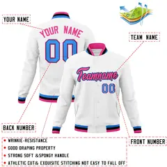 White Pink-Powder Blue Varsity Full-Snap Letterman Jacket 4