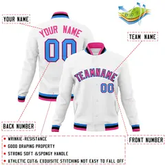 White Pink-Powder Blue Varsity Full-Snap Letterman Jacket 4