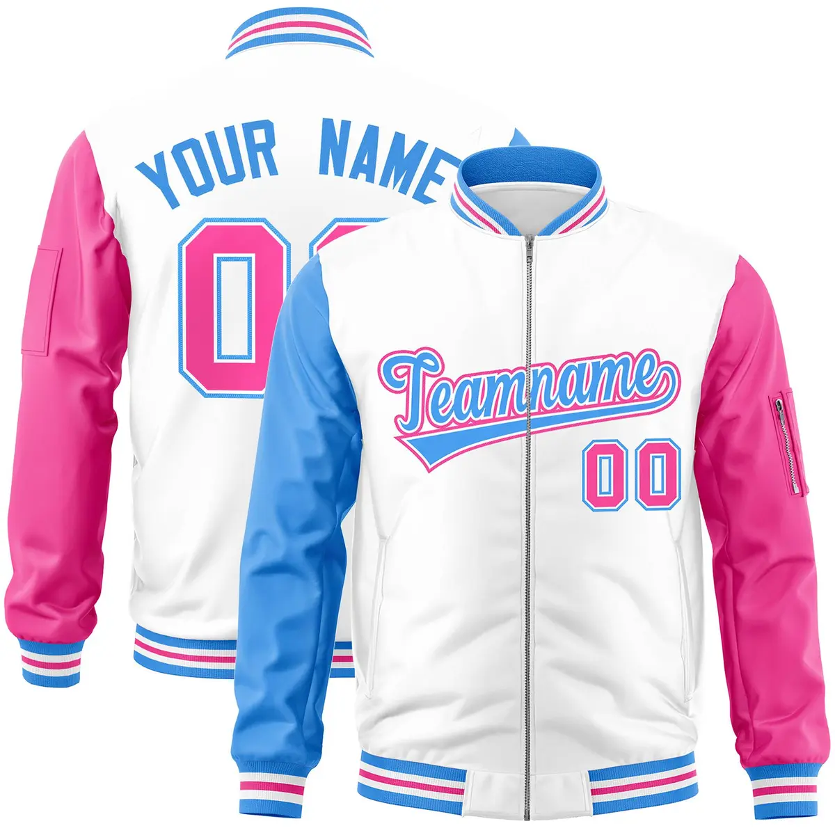 White Pink-Powder Blue Varsity Full-Zip Raglan Letterman Bomber Jacket