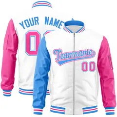 White Pink-Powder Blue Varsity Full-Zip Raglan Letterman Bomber Jacket