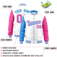 White Pink-Powder Blue Varsity Full-Zip Raglan Letterman Bomber Jacket 2