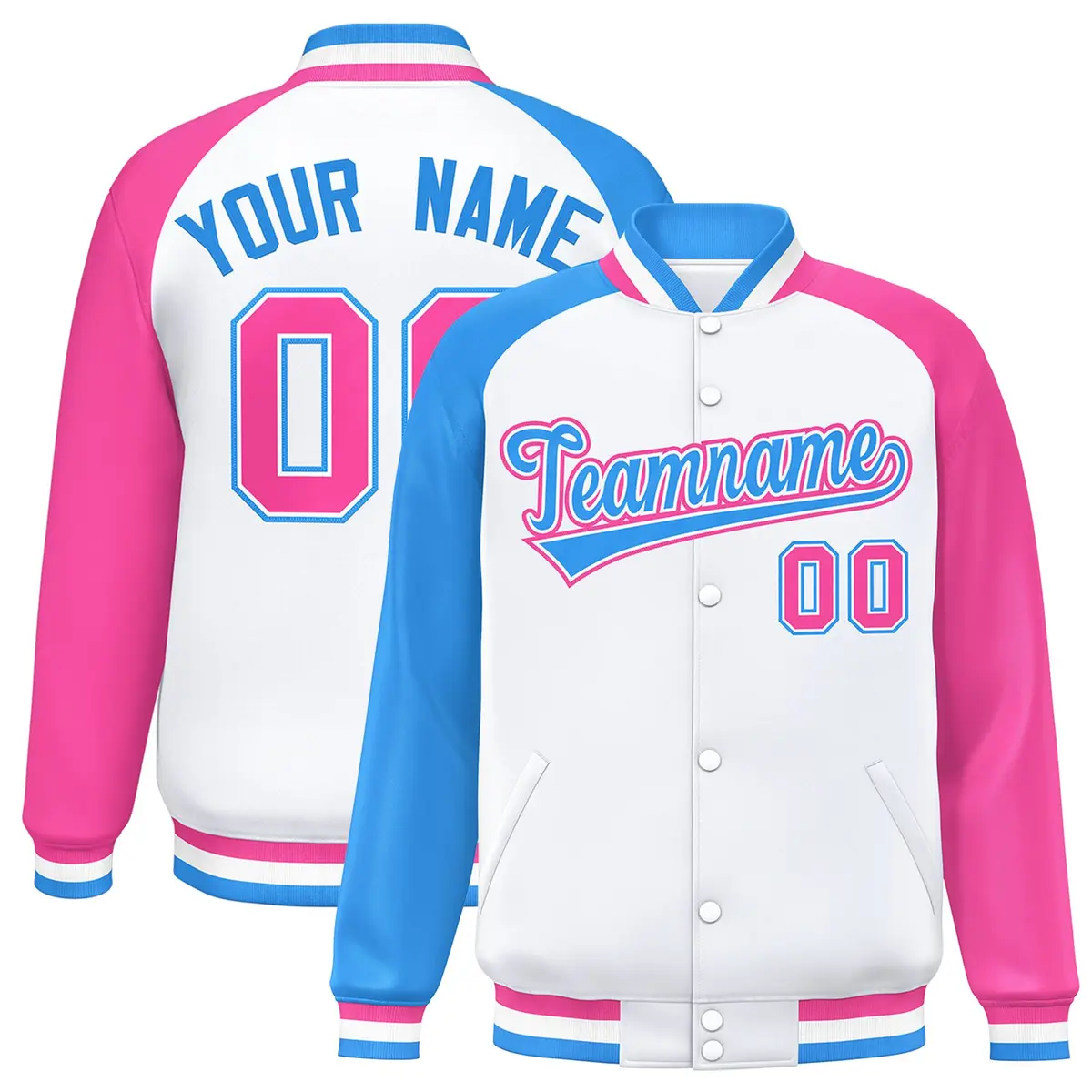 White Pink-Powder Blue Varsity Raglan Letterman Bomber Jacket