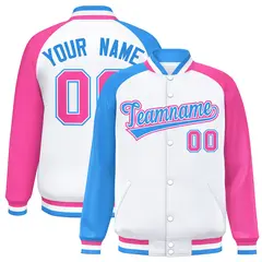 White Pink-Powder Blue Varsity Raglan Letterman Bomber Jacket 1