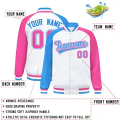 White Pink-Powder Blue Varsity Raglan Letterman Bomber Jacket 2