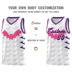 White Pink Purple Bat Pattern Halloween Basketball Jersey 3