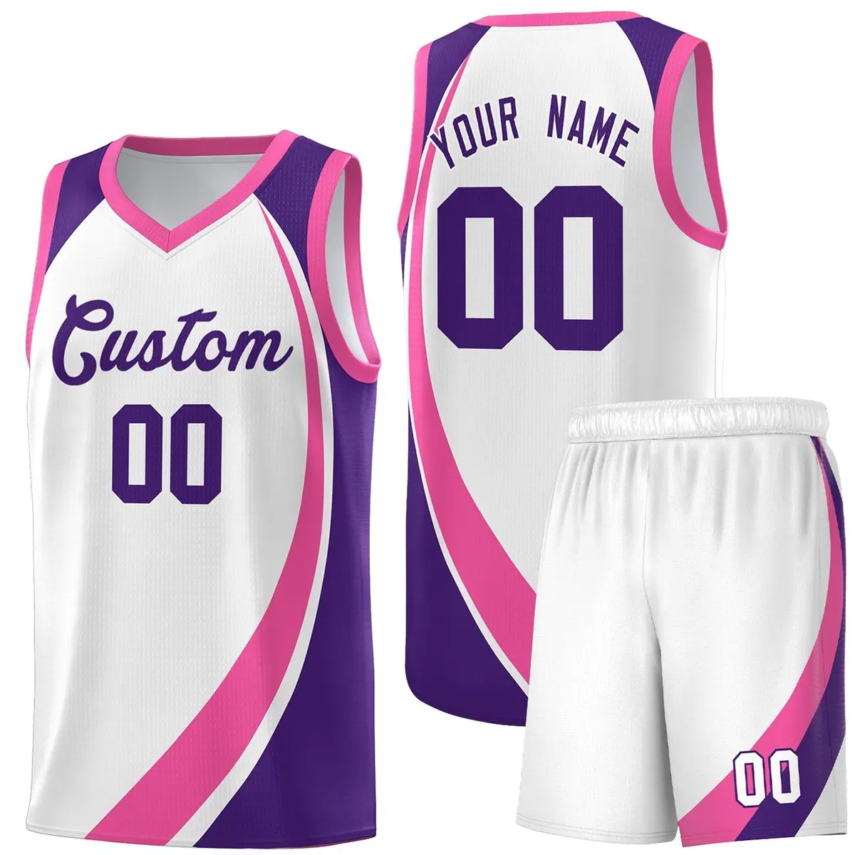 White Pink-Purple Color Block Team Basketball Jersey