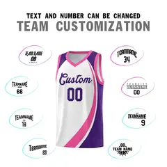 White Pink-Purple Color Block Team Basketball Jersey 3