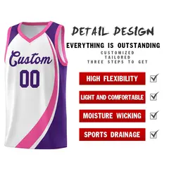 White Pink-Purple Color Block Team Basketball Jersey 4