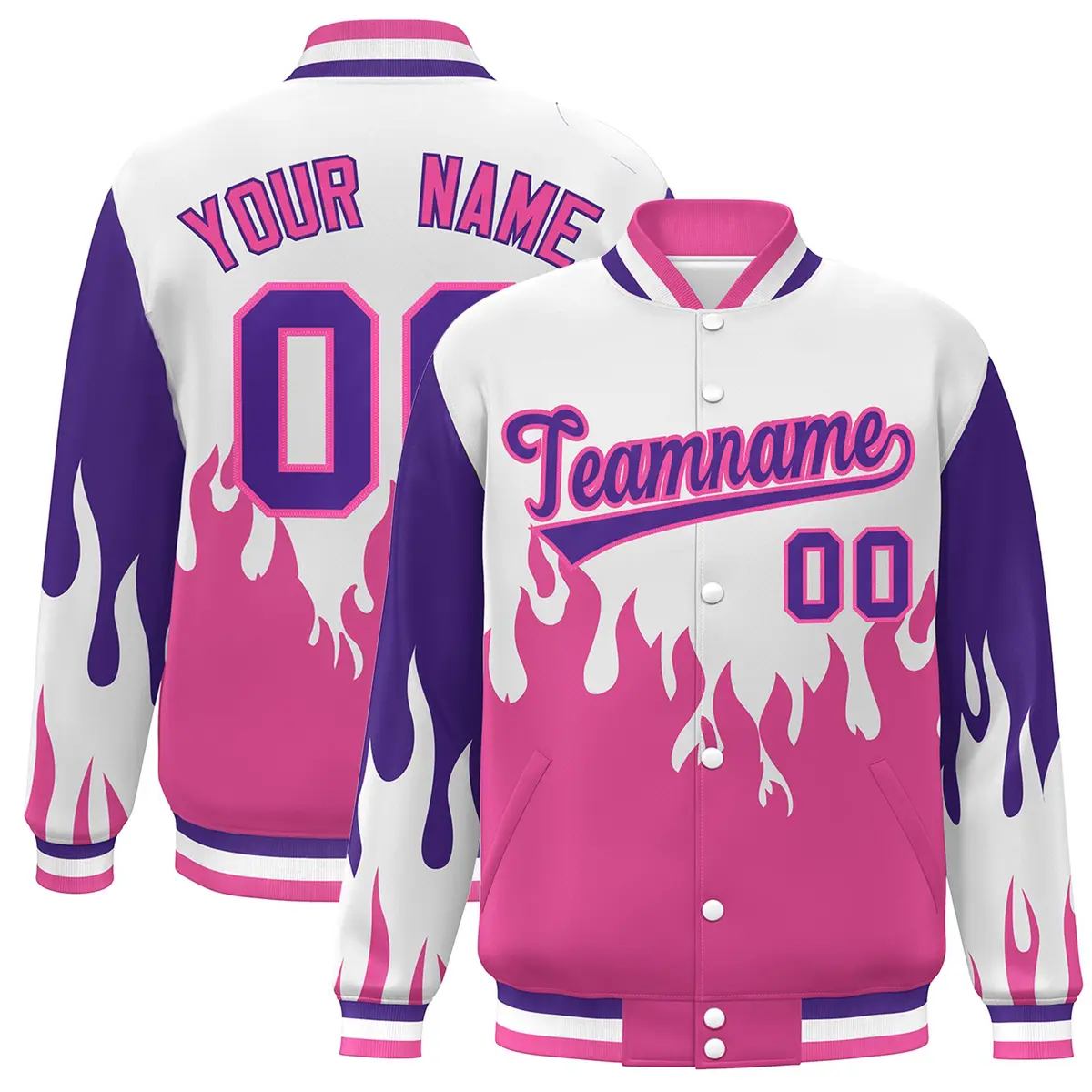 White Pink-Purple Flame Graffiti Varsity Full-Snap Bomber Jacket